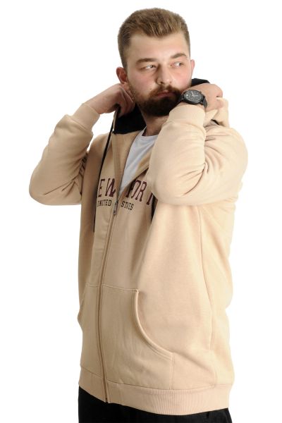Büyük Beden Erkek Kapüşonlu Sweatshirt New Port 23546 Bej