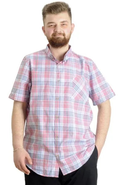 Büyük Beden Erkek Gömlek Ekose Kısa Kollu 23301 Ekru [product_color]