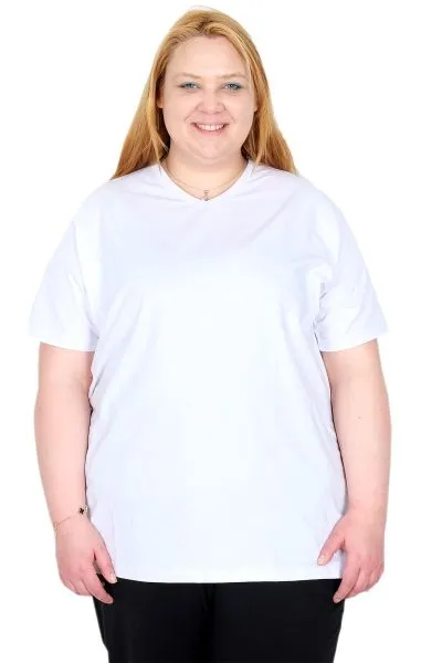Big Size Elastan V NECK Tshirt 20150 WHITE