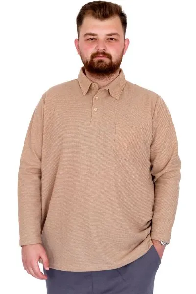 Büyük Beden Erkek SweatshirtPolo Yaka Uzun Kol WAFFLE 23449 Bej