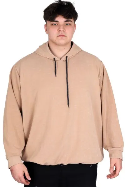 Büyük Beden Erkek Kapüşonlu Sweatshirt Asit Yıkama Interlok U24167 Bej